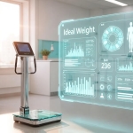 Modern bir klinikte dijital boy ölçer ve vücut kitle endeksi verilerini gösteren teknolojik bir ekran.