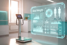 Modern bir klinikte dijital boy ölçer ve vücut kitle endeksi verilerini gösteren teknolojik bir ekran.