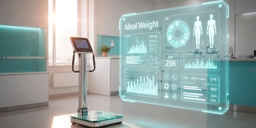 Modern bir klinikte dijital boy ölçer ve vücut kitle endeksi verilerini gösteren teknolojik bir ekran.