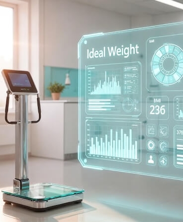 Modern bir klinikte dijital boy ölçer ve vücut kitle endeksi verilerini gösteren teknolojik bir ekran.