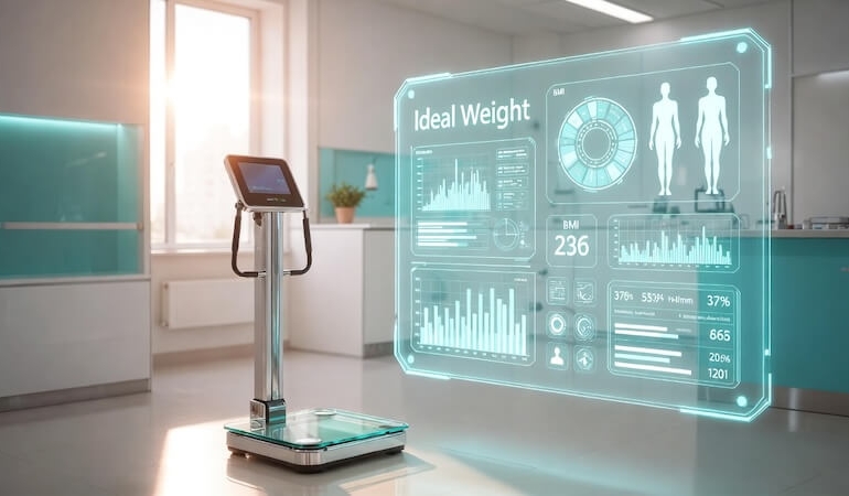 Modern bir klinikte dijital boy ölçer ve vücut kitle endeksi verilerini gösteren teknolojik bir ekran.
